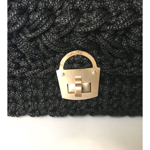 Vintage Large 50s/60s Woven Raffia Style Top Handle Bag In Jet Black w/ Gilt Postman's Lock Clasp Made in Italy-Vintage Handbag, Large Handbag-Brand Spanking Vintage