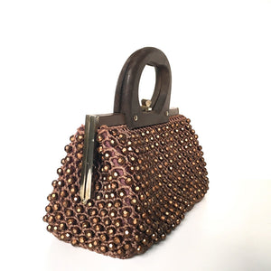 Vintage 60s 70s Crocheted/Beaded Raffia Style Dainty Gilt Clasp Top Handbag, Tobacco Brown w/ Copper Sparkly Beads, Wooden Handle-Vintage Handbag, Dolly Bag-Brand Spanking Vintage