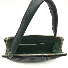 Load image into Gallery viewer, Vintage 50s leather dolly bag, leather purse, in bottle green leather with silver grey lucite trim and emerald green lining-Vintage Handbag, Dolly Bag-Brand Spanking Vintage
