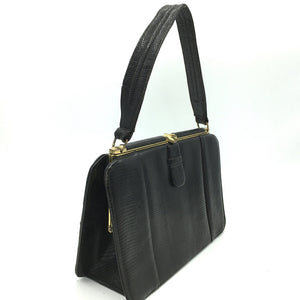 Vintage 40s/50s Black Lizard Skin Handbag w/ Suede Lining-Vintage Handbag, Exotic Skins-Brand Spanking Vintage