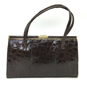 Vintage Glossy Brown 50s Crocodile Handbag By Houghton And Co Of London-Vintage Handbag, Exotic Skins-Brand Spanking Vintage