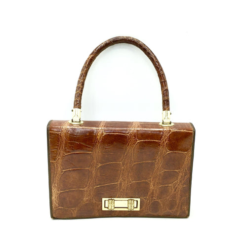 Vintage 70s Crocodile Skin Classic Ladylike Bag In A Rare Rich Brandy Colour In Superb Condition-Vintage Handbag, Exotic Skins-Brand Spanking Vintage