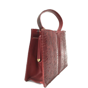 Vintage 60s Dainty Little Red Python Snakeskin Handbag w/ Navy Leather Lining By Wiklorbag-Vintage Handbag, Exotic Skins-Brand Spanking Vintage