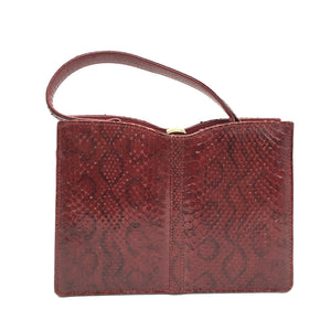 Vintage 60s Dainty Little Red Python Snakeskin Handbag w/ Navy Leather Lining By Wiklorbag-Vintage Handbag, Exotic Skins-Brand Spanking Vintage