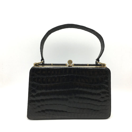 Vintage 50s Dainty Black Crocodile Skin Classic Ladylike Bag w/ Intricate Gilt Clasp And Beige Leather Lining-Vintage Handbag, Exotic Skins-Brand Spanking Vintage