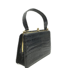 Load image into Gallery viewer, Vintage 50s Dainty Black Crocodile Skin Classic Ladylike Bag w/ Intricate Gilt Clasp And Beige Leather Lining-Vintage Handbag, Exotic Skins-Brand Spanking Vintage
