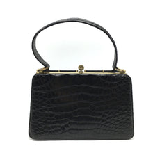 Load image into Gallery viewer, Vintage 50s Dainty Black Crocodile Skin Classic Ladylike Bag w/ Intricate Gilt Clasp And Beige Leather Lining-Vintage Handbag, Exotic Skins-Brand Spanking Vintage
