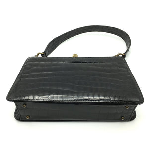 Vintage 50s Dainty Black Crocodile Skin Classic Ladylike Bag w/ Intricate Gilt Clasp And Beige Leather Lining-Vintage Handbag, Exotic Skins-Brand Spanking Vintage