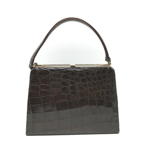 Vintage Handbag In Dark Chocolate Crocodile Skin w/ Single Top Handle And Tan Leather Lining-Vintage Handbag, Exotic Skins-Brand Spanking Vintage