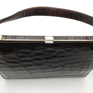 Vintage Handbag In Dark Chocolate Crocodile Skin w/ Single Top Handle And Tan Leather Lining-Vintage Handbag, Exotic Skins-Brand Spanking Vintage