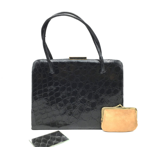 Vintage Superb Crocodile Handbag w/ Matching Coin Purse And Mirror-Vintage Handbag, Exotic Skins-Brand Spanking Vintage