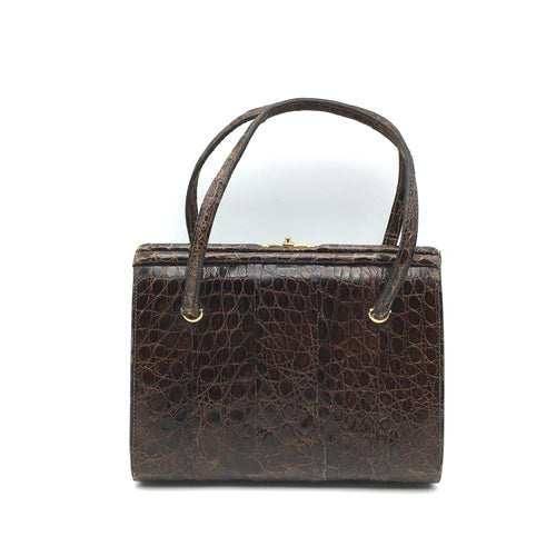 Vintage Dainty 50s Twin Handled Glossy Rich Chocolate Alligator Skin Handbag Made In France-Vintage Handbag, Exotic Skins-Brand Spanking Vintage