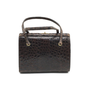 Vintage Dainty 50s Twin Handled Glossy Rich Chocolate Alligator Skin Handbag Made In France-Vintage Handbag, Exotic Skins-Brand Spanking Vintage