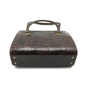 Vintage Dainty 50s Twin Handled Glossy Rich Chocolate Alligator Skin Handbag Made In France-Vintage Handbag, Exotic Skins-Brand Spanking Vintage