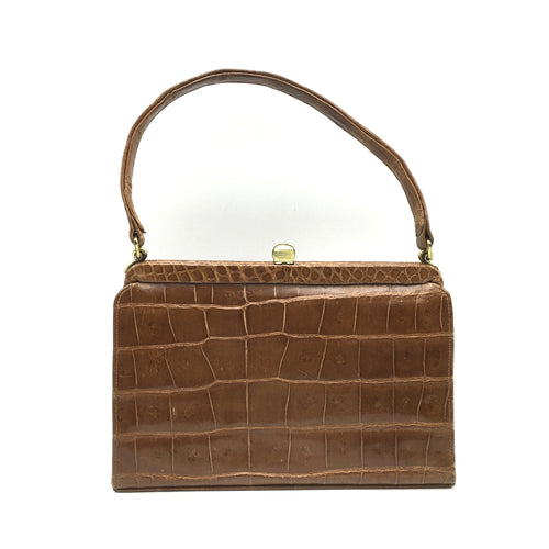 Vintage Handbag 50s In Caramel Crocodile Skin Classic Ladylike Bag w/ Suede Lining-Vintage Handbag, Exotic Skins-Brand Spanking Vintage