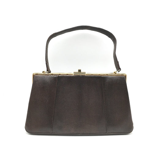 Vintage Handbag 50s Slim Elegant Design In Dark Chocolate Brown Lizard Skin From Waldybag-Vintage Handbag, Exotic Skins-Brand Spanking Vintage