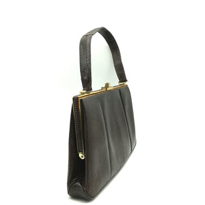 Vintage Handbag 50s Slim Elegant Design In Dark Chocolate Brown Lizard Skin From Waldybag-Vintage Handbag, Exotic Skins-Brand Spanking Vintage