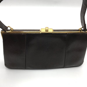 Vintage Handbag 50s Slim Elegant Design In Dark Chocolate Brown Lizard Skin From Waldybag-Vintage Handbag, Exotic Skins-Brand Spanking Vintage