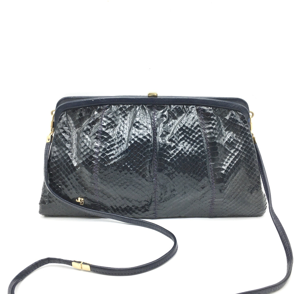 Vintage 70s French Navy Snakeskin And Leather Clutch/Shoulder Bag By Jane Shilton-Vintage Handbag, Exotic Skins-Brand Spanking Vintage