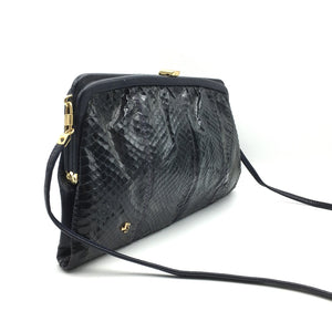Vintage 70s French Navy Snakeskin And Leather Clutch/Shoulder Bag By Jane Shilton-Vintage Handbag, Exotic Skins-Brand Spanking Vintage