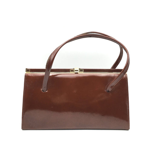 Vintage Elegant Twin Handled Rich Toffee Patent LeatherBag w/ Pristine Beige Suede Lining-Vintage Handbag, Kelly Bag-Brand Spanking Vintage