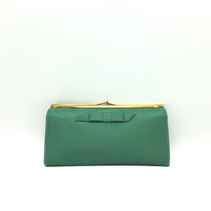 Vintage 50s Emerald Green Silk Satin Evening Bag w/ Dainty Bow Detail By Waldybag For Harrods-Vintage Handbag, Evening Bag-Brand Spanking Vintage