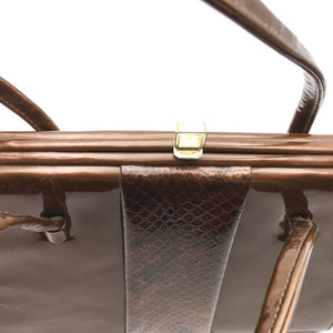 Vintage Dainty handbag In Glossy Toffee Patent Leather w/ Faux Snake Front Panel-Vintage Handbag, Kelly Bag-Brand Spanking Vintage