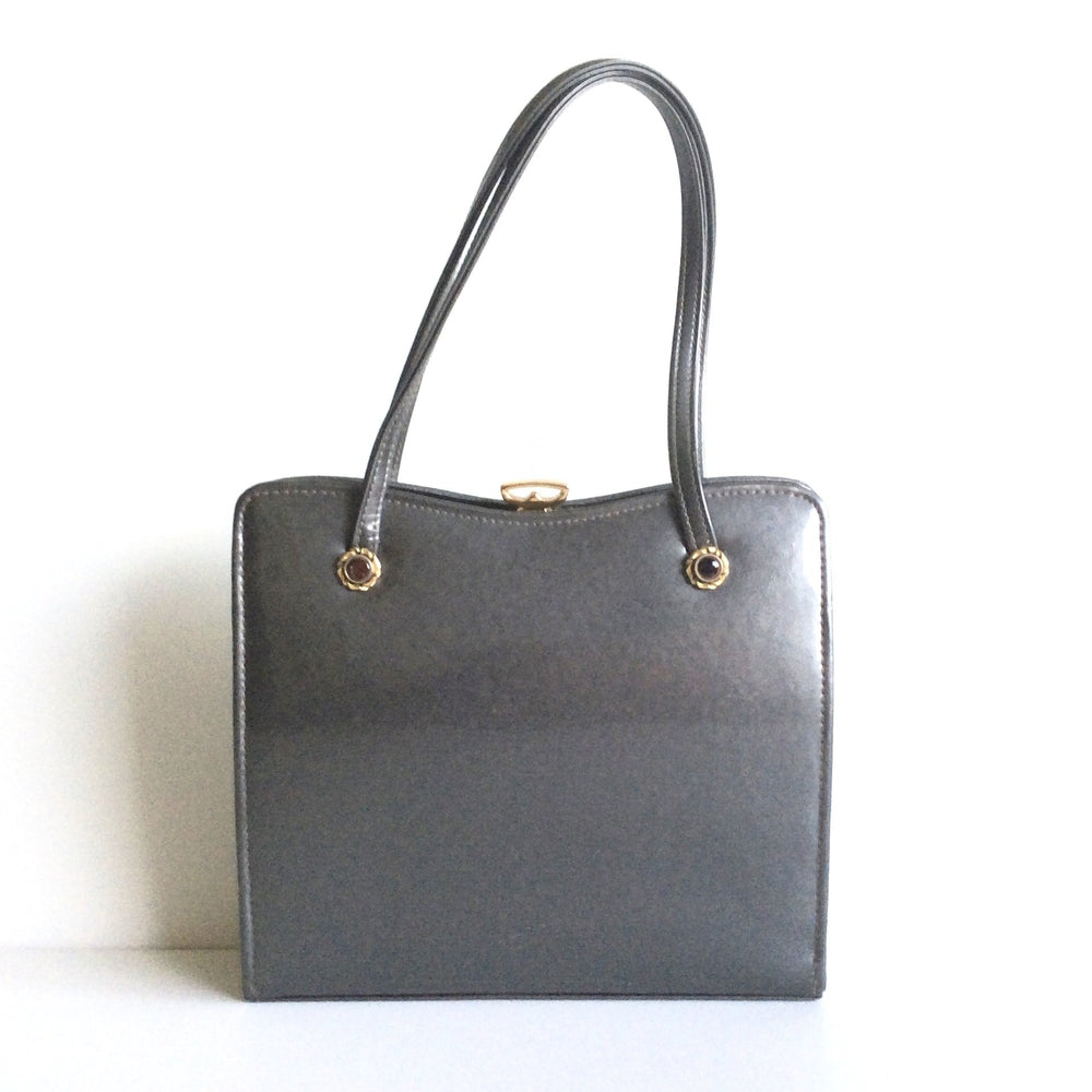 Vintage 50s Classic Dainty Little Grey Patent Leather Bag w/ Gilt And Glass Bead Flower Detail To The Handles By Ackery-Vintage Handbag, Kelly Bag-Brand Spanking Vintage