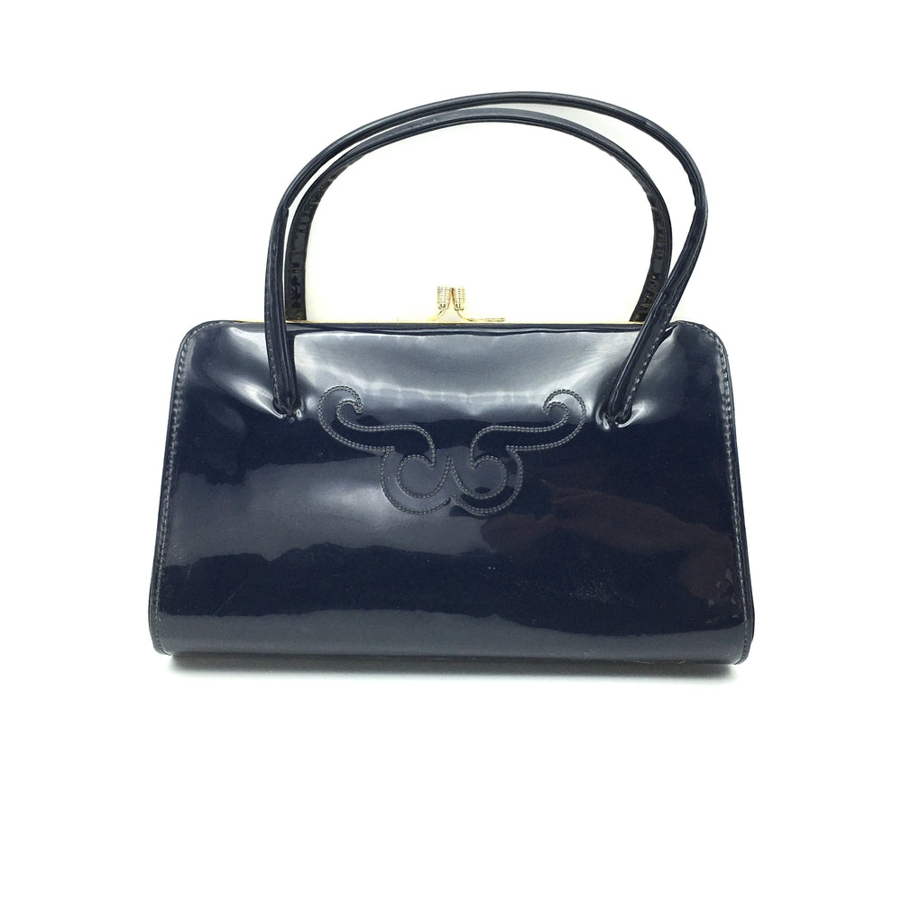 Vintage 60s Light Navy Patent Bag w/ Stitch Design To Front-Vintage Handbag, Kelly Bag-Brand Spanking Vintage
