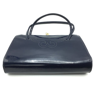 Vintage 60s Light Navy Patent Bag w/ Stitch Design To Front-Vintage Handbag, Kelly Bag-Brand Spanking Vintage