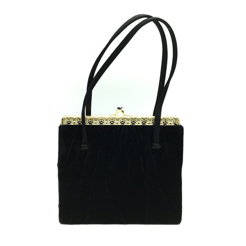 Vintage 60s Black Silk Velvet Evening/Occasion Bag, Purse with Intricate Gilt Trim and Clasp by Waldybag-Vintage Handbag, Evening Bag-Brand Spanking Vintage