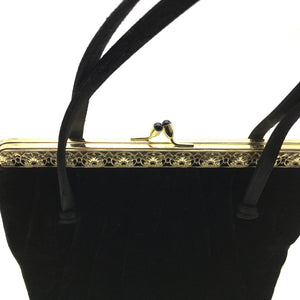 Vintage 60s Black Silk Velvet Evening/Occasion Bag, Purse with Intricate Gilt Trim and Clasp by Waldybag-Vintage Handbag, Evening Bag-Brand Spanking Vintage