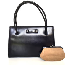 Load image into Gallery viewer, SOLD Vintage 50s 60s Navy Leather Handbag, Classic Ladylike Bag by Waldybag in Navy Blue with Matching Suede Coin Purse, Rare Side Opening Clasp, Gilt Trim-Vintage Handbag, Kelly Bag-Brand Spanking Vintage
