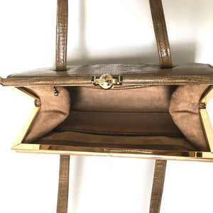 Vintage 50s/60s Leather Handbag, Vintage Purse, Dainty Gilt Clasp, in Faux Lizard, Caramel/Bronze, Holmes of Norwich Made in England-Vintage Handbag, Kelly Bag-Brand Spanking Vintage