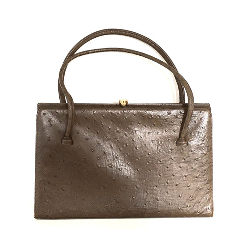 Vintage 1950s Brown Ostrich Leather Handbag by Riviera Bag. 