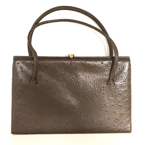 Vintage leather bag, elegant large handbag in faux ostrich, in tobacco brown leather by Waldybag, excellent condition, perfect gift-Vintage Handbag, Kelly Bag-Brand Spanking Vintage