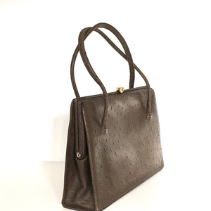 Vintage leather bag, elegant large handbag in faux ostrich, in tobacco brown leather by Waldybag, excellent condition, perfect gift-Vintage Handbag, Kelly Bag-Brand Spanking Vintage