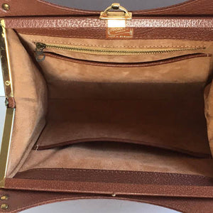 Stunning Vintage 70s Tan Textured Leather Bag, Leather Purse, w/ Leather Covered Gilt Top Handles And Gilt Clasp Unused By Ackery Of London-Vintage Handbag, Kelly Bag-Brand Spanking Vintage