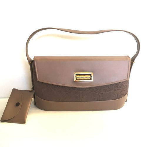 Vintage 1940s/1950s Handbag In Faux Leather, Vegan, Attached Coin Purse, Original Mirror And Gilt Clasp In Taupe In Excellent Condition-Vintage Handbag, Kelly Bag-Brand Spanking Vintage