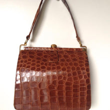 Load image into Gallery viewer, Vintage 40s/50s Glossy Toffee Crocodile Skin Handbag In Dainty Size And Style-Vintage Handbag, Exotic Skins-Brand Spanking Vintage
