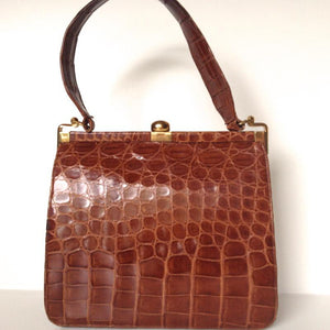 Vintage 40s/50s Glossy Toffee Crocodile Skin Handbag In Dainty Size And Style-Vintage Handbag, Exotic Skins-Brand Spanking Vintage