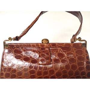 Vintage 40s/50s Glossy Toffee Crocodile Skin Handbag In Dainty Size And Style-Vintage Handbag, Exotic Skins-Brand Spanking Vintage