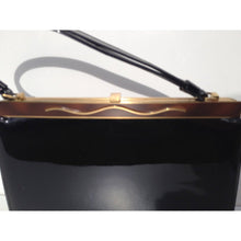 Load image into Gallery viewer, Vintage 50s Black Patent Handbag w/ Unusual Brown Enamel And Gilt Top Bar From Crown Lewis Made In The USA-Vintage Handbag, Kelly Bag-Brand Spanking Vintage

