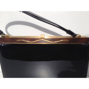 Vintage 50s Black Patent Handbag w/ Unusual Brown Enamel And Gilt Top Bar From Crown Lewis Made In The USA-Vintage Handbag, Kelly Bag-Brand Spanking Vintage