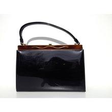 Load image into Gallery viewer, Vintage 50s Black Patent Handbag w/ Unusual Brown Enamel And Gilt Top Bar From Crown Lewis Made In The USA-Vintage Handbag, Kelly Bag-Brand Spanking Vintage

