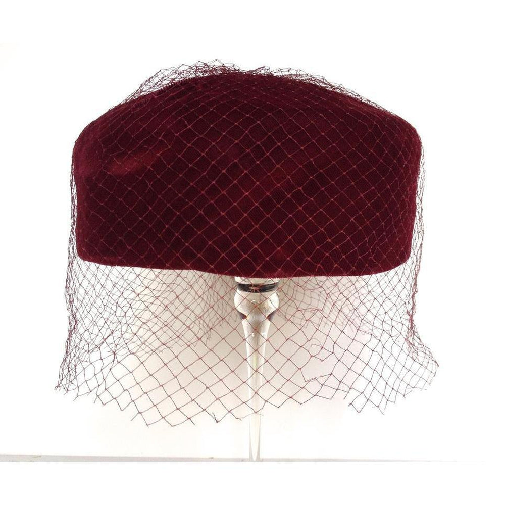 Vintage 50s Burgundy Velvet Pill Box Hat w/ Veil From C&A-Accessories, For Her-Brand Spanking Vintage