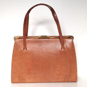 SOLD Vintage 50s Caramel Lizard Skin Bag By Fassbender Made In England-Vintage Handbag, Exotic Skins-Brand Spanking Vintage