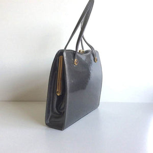 Vintage 50s Classic Dainty Little Grey Patent Leather Bag w/ Gilt And Glass Bead Flower Detail To The Handles By Ackery-Vintage Handbag, Kelly Bag-Brand Spanking Vintage