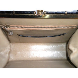 Vintage 50s Dainty Black Crocodile Skin Classic Ladylike Bag w/ Intricate Gilt Clasp And Beige Leather Lining-Vintage Handbag, Exotic Skins-Brand Spanking Vintage