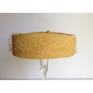 Vintage 50s Elegant Mustard/Yellow Pillbox Hat w/ Net And Bow To The Top-Accessories, For Her-Brand Spanking Vintage